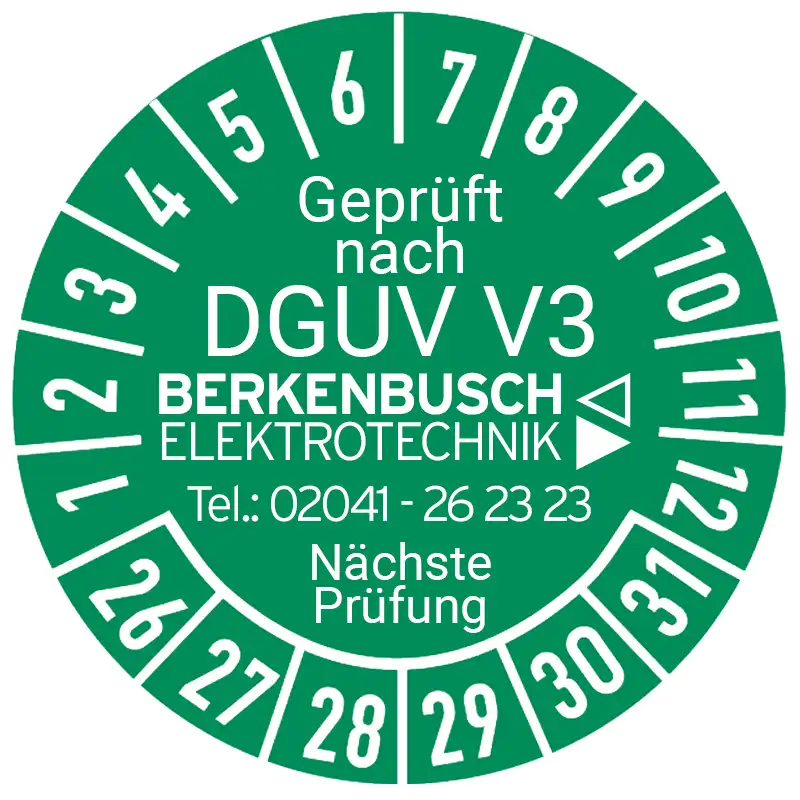 pruefplakette geprueft nach dguv vorschrift 3 naechster prueftermin mit Berkenbusch